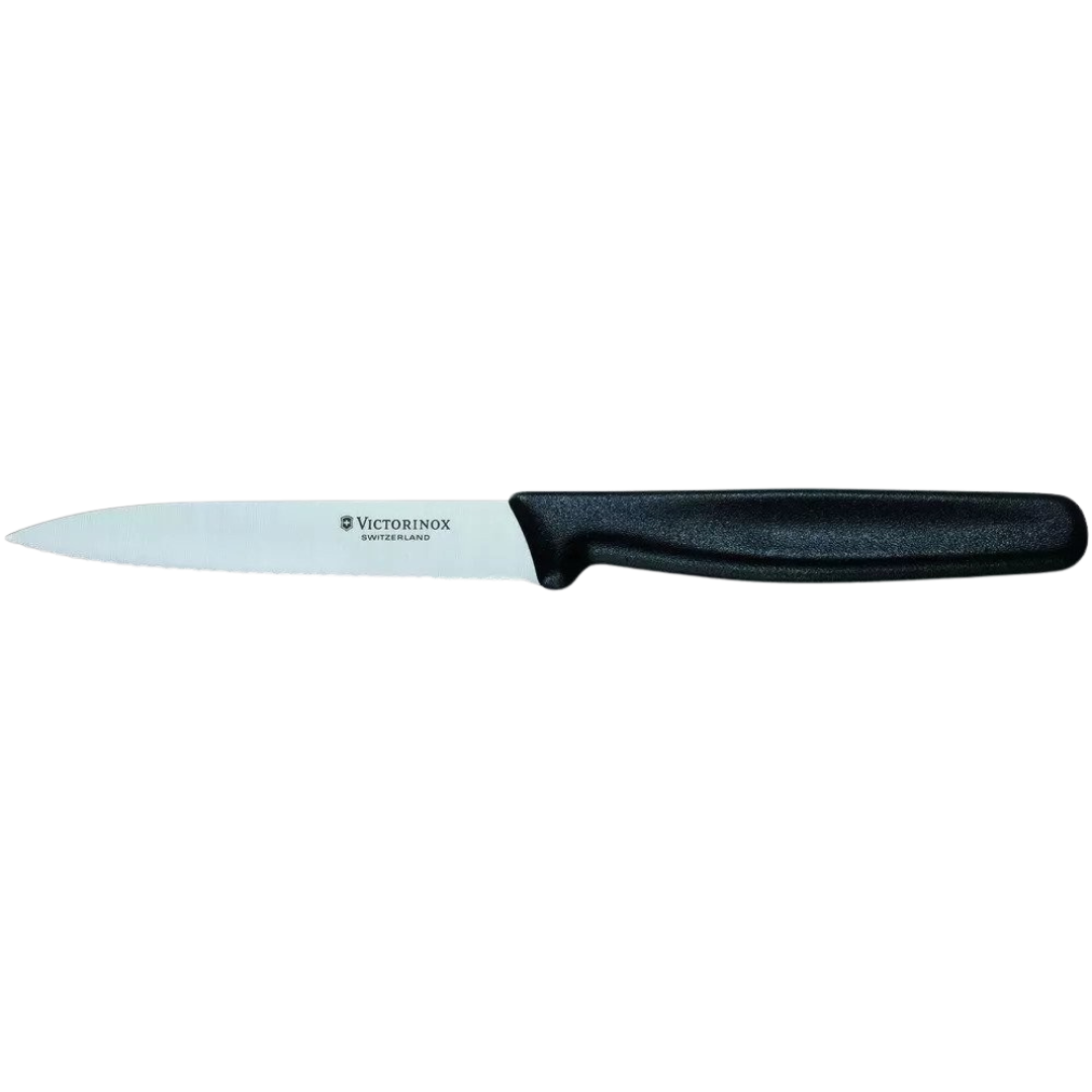 Victorinox Pointed Tip Paring Knife - 10cm (4") Serrated Edge Black Handle 5.0733