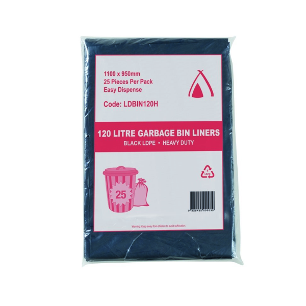 Bin Liners 120L LDPE Heavy Duty Blk - 1000 x 950 + Side Seal x 28um