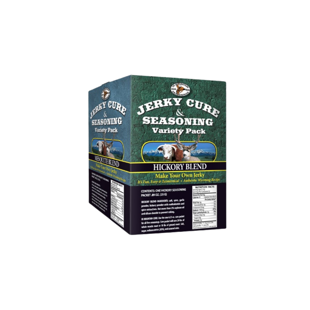 Jerky Cure & Seasoning Box #1 Hickory, Mesquite, Original, Cajun & Cracked Pepper